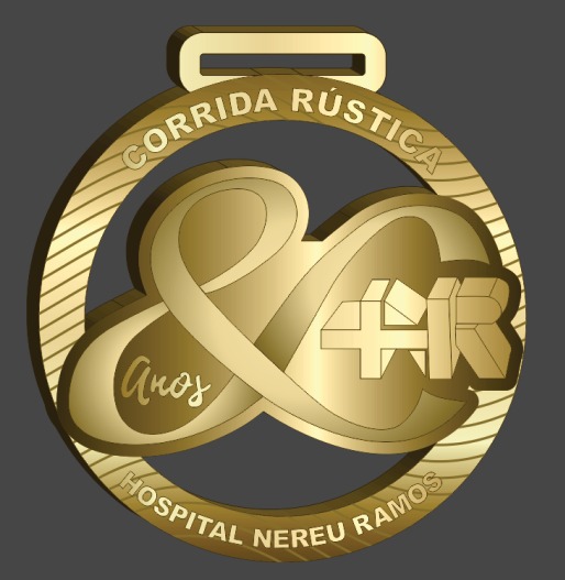 Medalha dourada comemorativa com o texto "Corrida Rústica" na parte superior e "Hospital Nereu Ramos" na parte inferior. No centro da medalha, há um grande número “80” estilizado, com a palavra "Anos" escrita sobre o zero. Ao lado do número, aparecem as letras “HNR”, sigla do hospital. A medalha tem acabamento brilhante e detalhes em relevo.