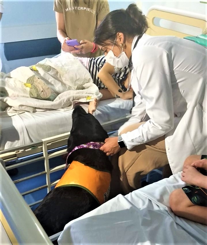 Em um quarto hospitalar, uma médica com jaleco branco e máscara conversa com uma criança deitada em uma cama. Um cão preto, possivelmente um Labrador, usando um colete laranja com detalhes verdes, está encostado na cama, interagindo com a criança. Outra pessoa, em pé ao fundo, observa a cena e segura um celular, enquanto outra criança sentada aparece parcialmente no canto direito. A imagem retrata uma sessão de terapia assistida por animais, transmitindo um momento de carinho e cuidado.