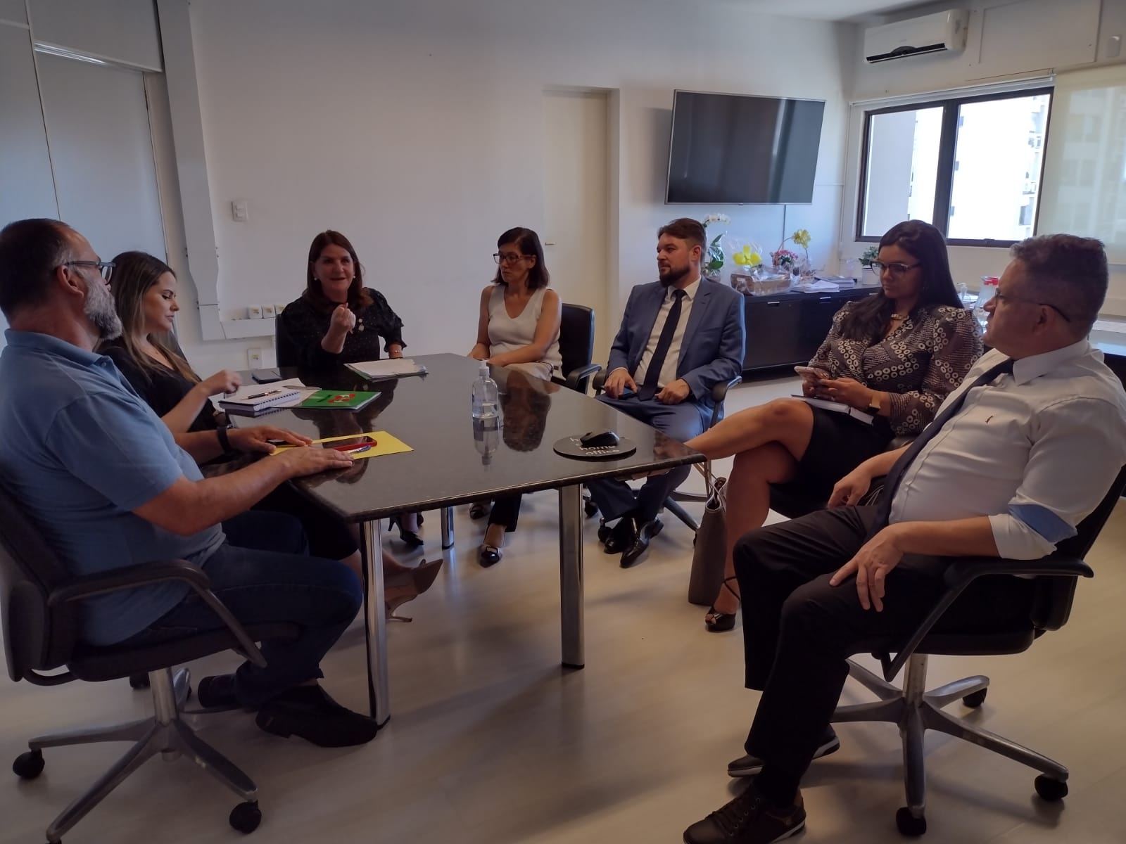Sete pessoas participam de uma reunião em uma sala corporativa, sentadas ao redor de uma mesa com cadernos, pastas e garrafa de água. A conversa parece formal e envolvida, com algumas pessoas anotando ou usando o celular. Ao fundo, uma televisão desligada e arranjos de flores sobre o móvel complementam o ambiente.