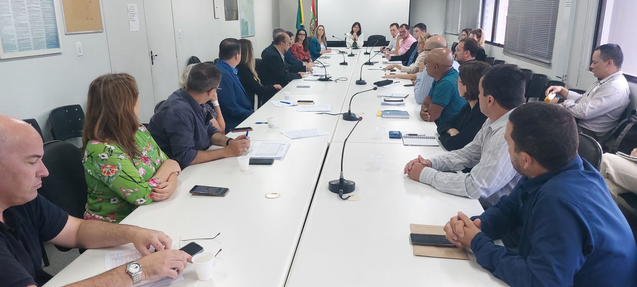 Reunião com cerca de vinte pessoas sentadas ao redor de uma longa mesa branca, em uma sala de reuniões iluminada. Há papéis, canetas, celulares e microfones sobre a mesa. Ao fundo, bandeiras do Brasil e de um estado, além de uma tela de projeção. A atmosfera parece séria e focada, indicando uma discussão institucional ou governamental.