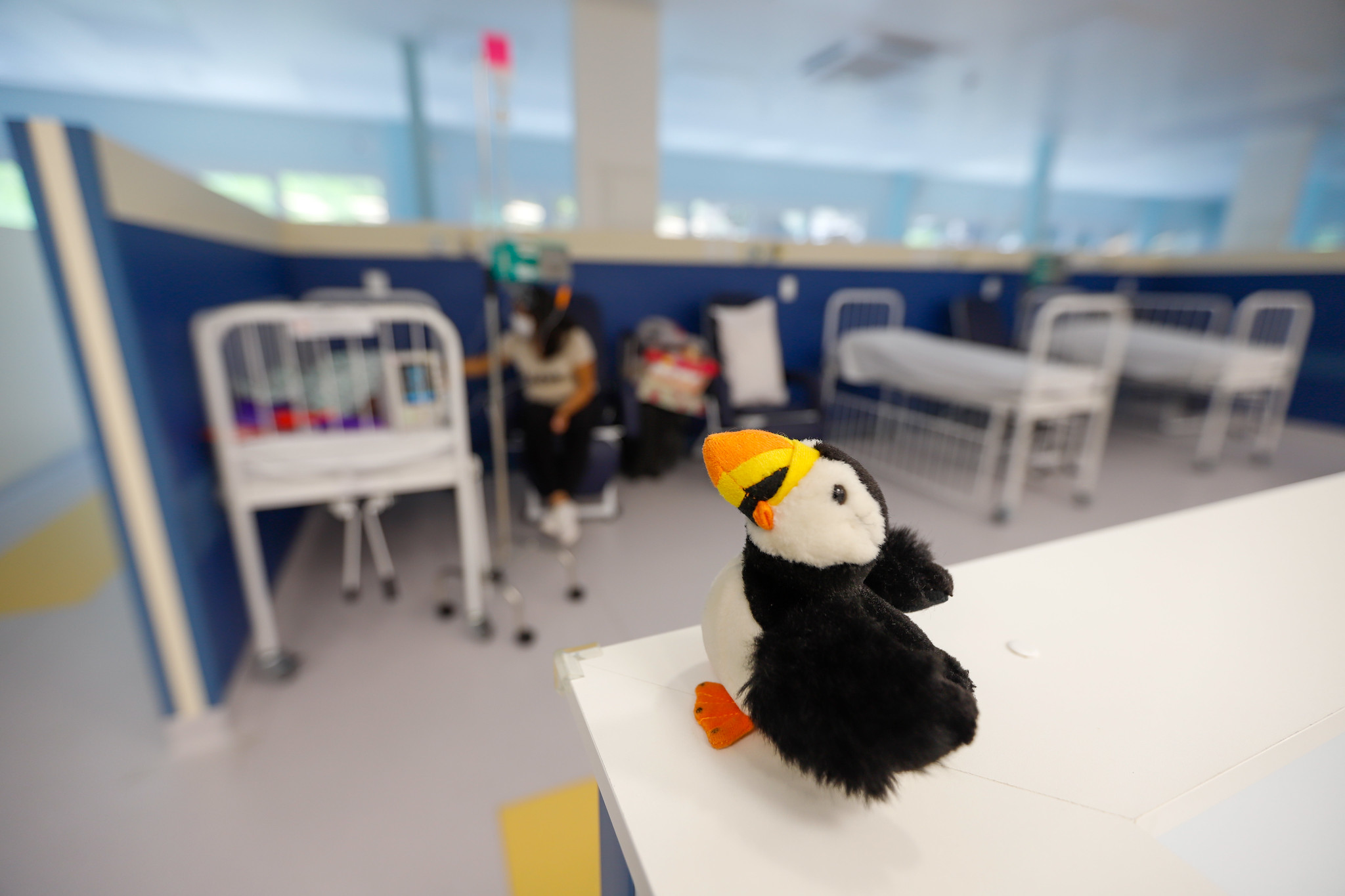 Bichinho de pelúcia em formato de pássaro com chapéu colorido em primeiro plano, sobre balcão em ambiente hospitalar infantil. Ao fundo, leitos vazios e uma mulher sentada ao lado de um berço hospitalar, em um cenário que mescla acolhimento e cuidado médico.