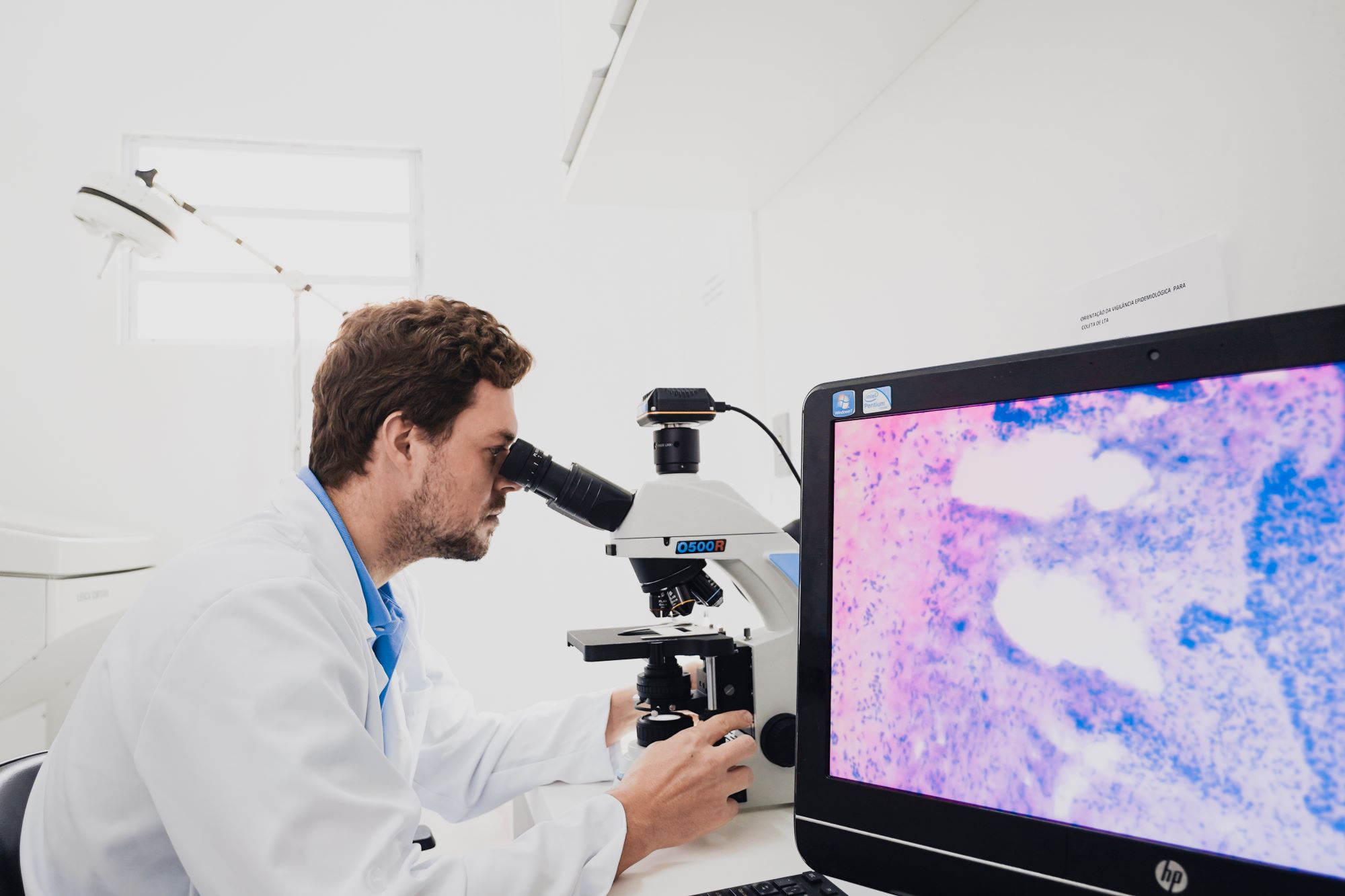 A imagem mostra um profissional de jaleco branco utilizando um microscópio óptico para observar uma amostra. Ao lado, um monitor exibe a ampliação da lâmina, revelando uma imagem em tons de rosa, roxo e branco, provavelmente de um tecido ou célula corado para análise laboratorial. O ambiente é claro, com paredes brancas e iluminação natural entrando por uma janela ao fundo, transmitindo a sensação de um laboratório moderno e organizado.