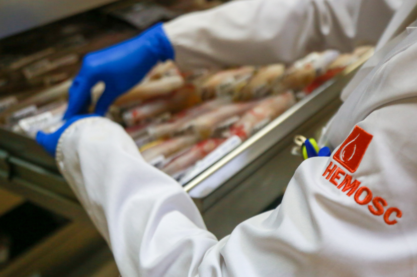 Profissional com luvas azuis manuseia amostras de sangue armazenadas em compartimento refrigerado; no jaleco branco está bordado o logotipo do HEMOSC, indicando atuação em um centro de hemoterapia.