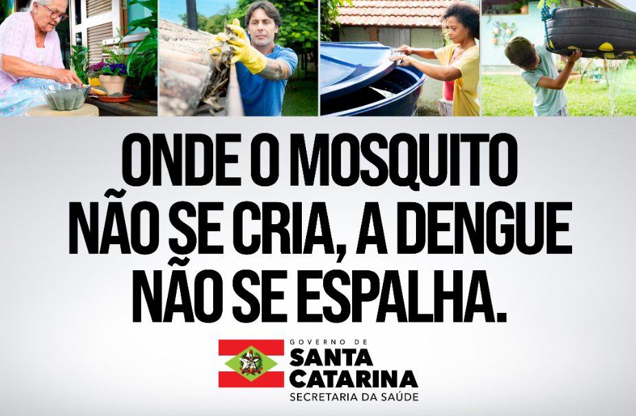 Cartaz de campanha de combate à dengue. Na parte superior, há quatro imagens de pessoas eliminando possíveis focos do mosquito Aedes aegypti:  Uma idosa limpando um recipiente com plantas.  Um homem retirando folhas de uma calha.  Uma mulher tampando uma caixa d'água.  Um menino virando um pneu para esvaziar a água acumulada.  Abaixo das imagens, está o texto em letras grandes: "ONDE O MOSQUITO NÃO SE CRIA, A DENGUE NÃO SE ESPALHA."  Na parte inferior, aparece o logotipo do Governo de Santa Catarina e da Secretaria da Saúde.