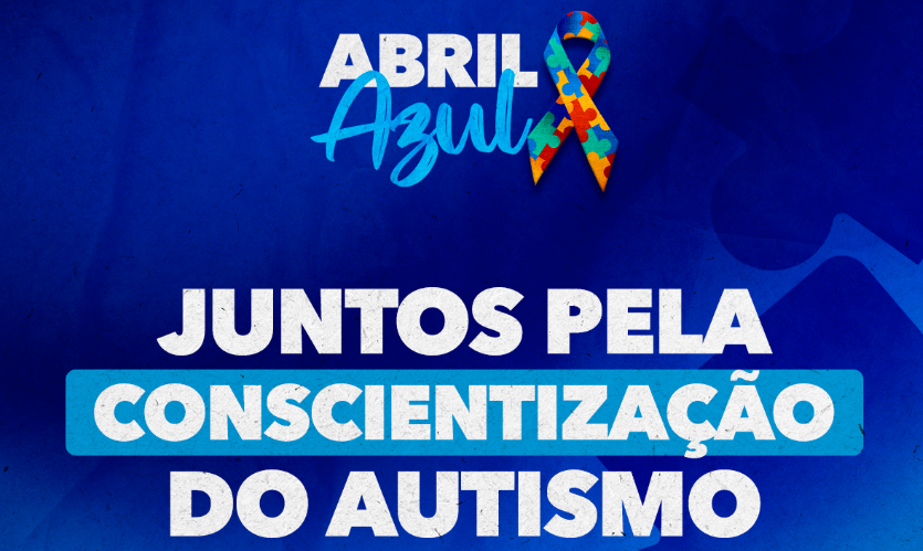 Imagem com fundo azul em tons variados, contendo o texto “Abril Azul” no topo com uma fita de quebra-cabeça colorida ao lado, símbolo do autismo. Abaixo, em letras grandes e brancas, está a frase “Juntos pela conscientização do autismo”, com a palavra "conscientização" destacada em azul claro.