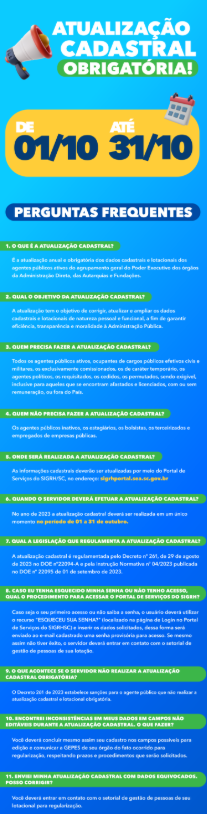 Cartaz vertical com fundo azul, destacando o título "Atualização Cadastral Obrigatória", com o período de 01/10 a 31/10. Abaixo, uma seção com o título "Perguntas Frequentes" responde 16 questões comuns sobre o processo, como quem deve atualizar os dados, onde realizar, o que fazer em caso de erro ou inconsistência, e o que acontece se não for feito. Ícones de megafone e calendário ilustram o material. No rodapé, há uma imagem de uma mão segurando um celular com a tela do sistema.