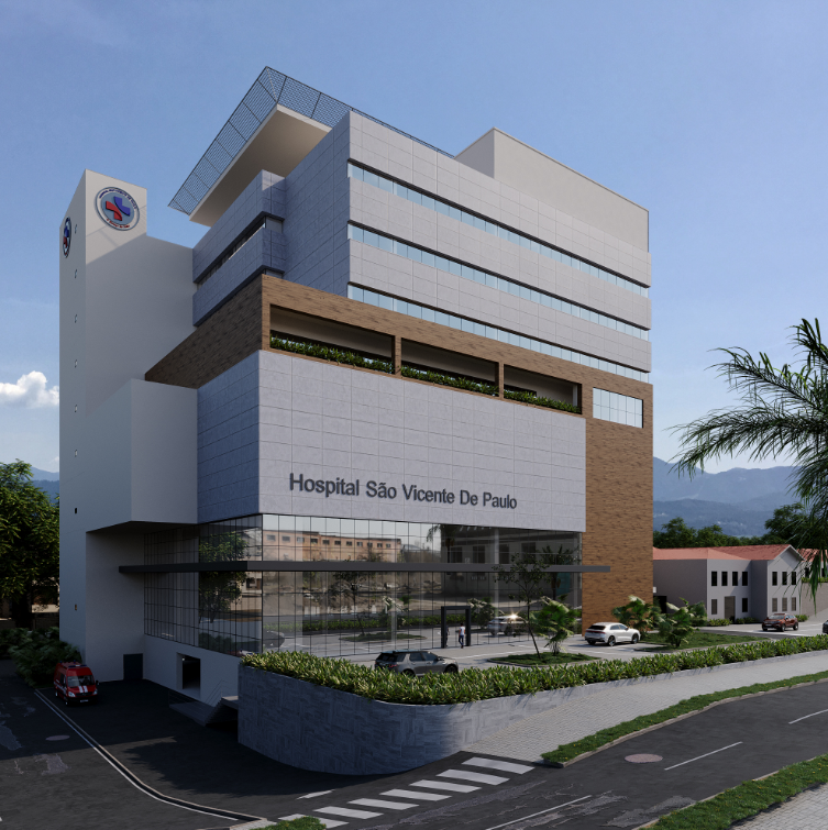 Imagem em perspectiva da fachada moderna projetada do Hospital São Vicente de Paulo, com múltiplos andares, áreas envidraçadas, detalhes em madeira e paisagismo na entrada, vista em dia ensolarado.