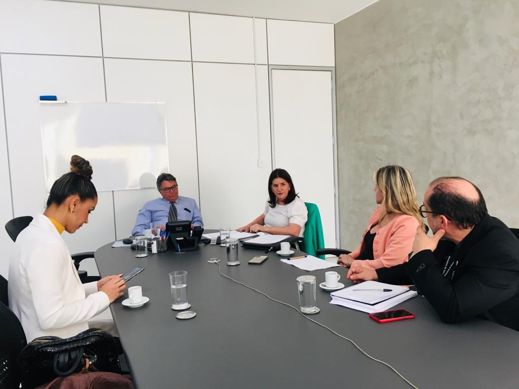 Cinco pessoas em uma reunião de trabalho sentadas ao redor de uma mesa de reuniões moderna. Uma mulher ao centro fala, enquanto os outros escutam ou tomam notas. Há copos de água, xícaras de café, celulares e documentos sobre a mesa. Ao fundo, uma lousa branca e paredes brancas e cinza.