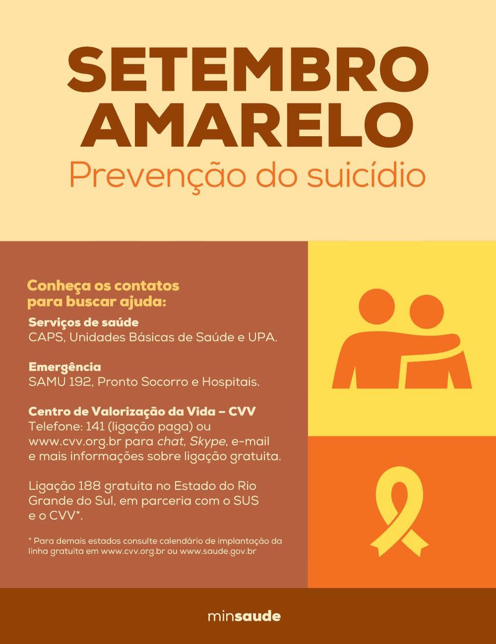 Cartaz da campanha Setembro Amarelo com o tema 'Prevenção do suicídio'. Informa os contatos de ajuda: CAPS, unidades de saúde, SAMU 192, pronto-socorro e hospitais. Destaque para o CVV, com telefone 141 (ligação paga) e 188 gratuito no RS. Inclui ícones de apoio emocional e laço amarelo, além da marca do Ministério da Saúde.
