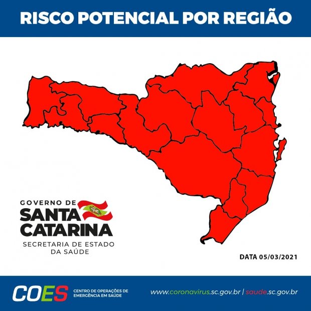 Infográfico sobre o risco potencial do novo coronavírus, com o mapa de Santa Catarina inteiramente em vermelho, indicando nível máximo de alerta em todas as regiões.