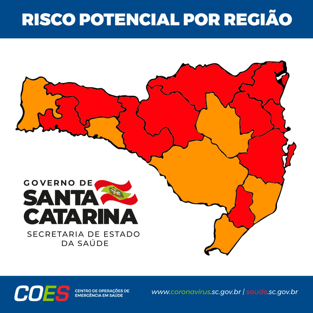 Mapa de Santa Catarina com indicação do risco potencial por região em relação à COVID-19. Áreas em vermelho representam risco grave, e áreas em laranja indicam risco alto. 