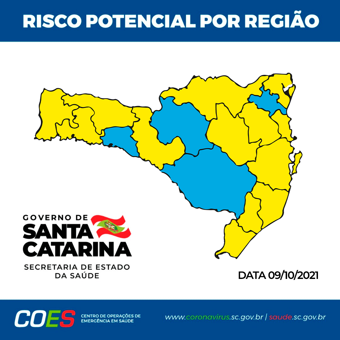 Matriz com mapa de Santa Catarina com regiões em amarelo e azul.