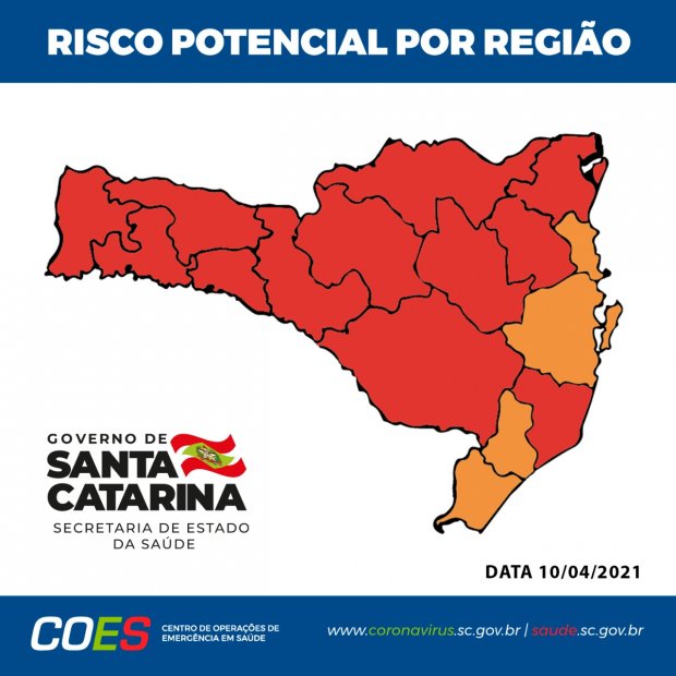 Mapa da Matriz de Risco de Santa Catarina mostrando 12 regiões em vermelho (nível gravíssimo) e 4 regiões em laranja (nível grave), indicando a predominância de alerta máximo no estado.