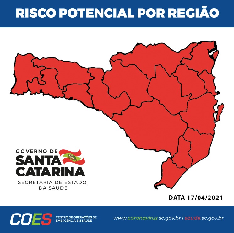 Mapa do estado de Santa Catarina totalmente colorido em vermelho, indicando que todas as regiões retornaram ao nível gravíssimo de risco na Matriz de Risco COVID-19. A imagem representa o agravamento da pandemia no estado em 2021, com a classificação máxima de alerta em todo o território catarinense. O tom vermelho uniforme reforça visualmente a gravidade da situação epidemiológica.