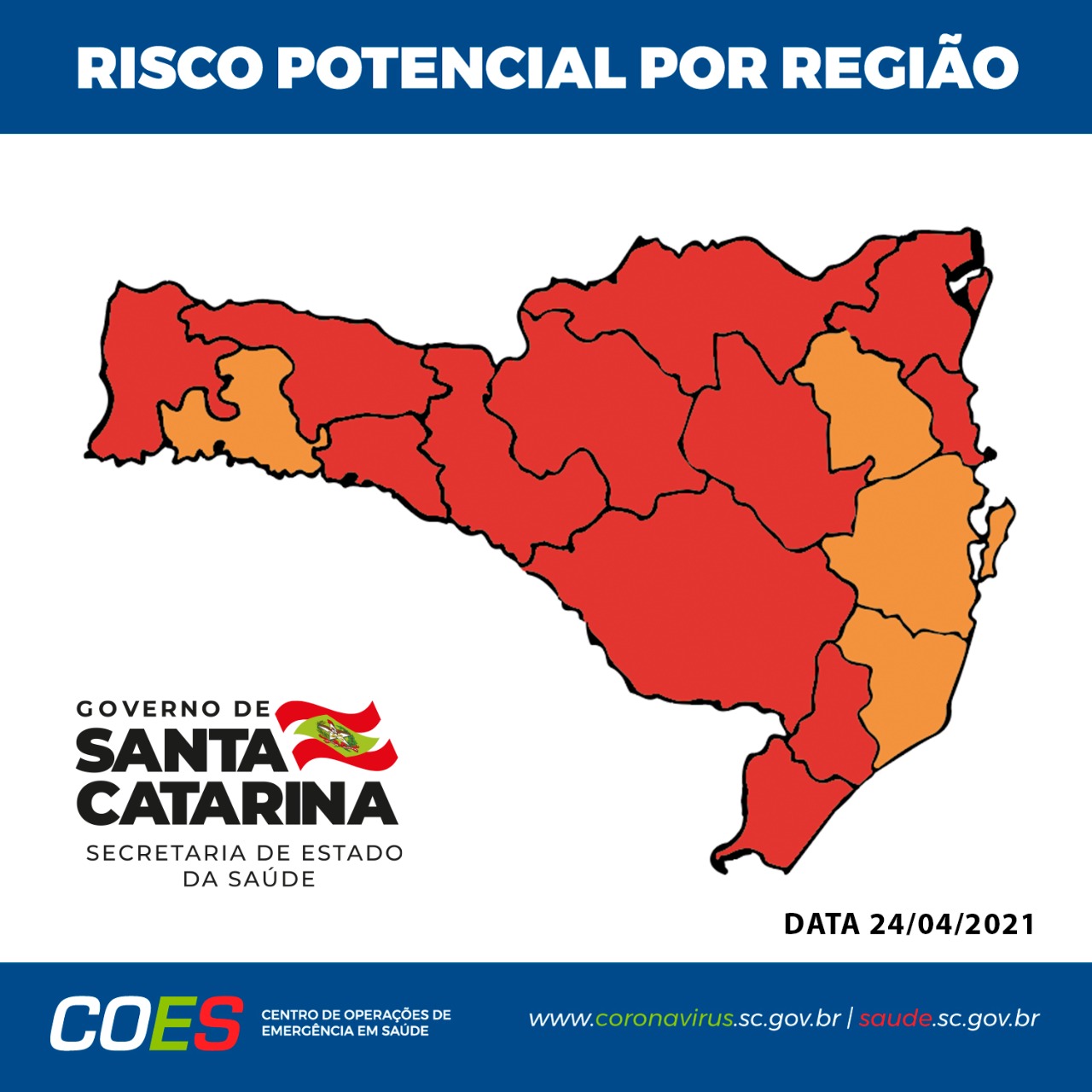Mapa de Santa Catarina colorido conforme a Matriz de Risco COVID-19, com 12 regiões em vermelho (nível gravíssimo) e 4 regiões em laranja (nível grave).