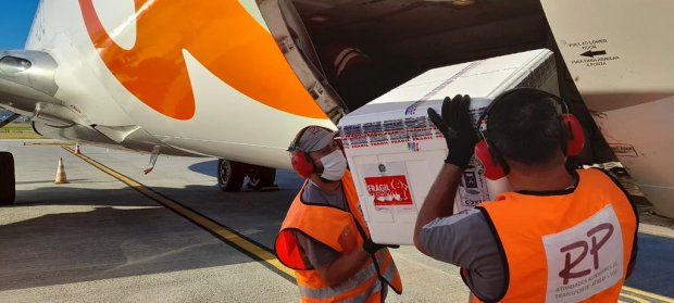 Homens vestindo coletes laranjas de identificação descarregam cuidadosamente caixas térmicas brancas da carga de um avião.