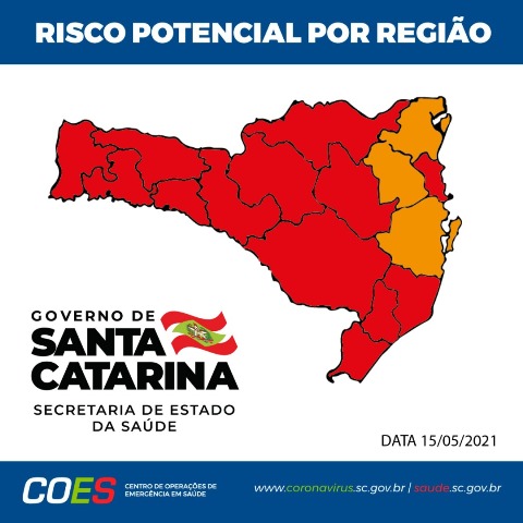 Matriz com mapa de Santa Catarina com todas regiões em vermelho com exceção de 4 que estão em laranja