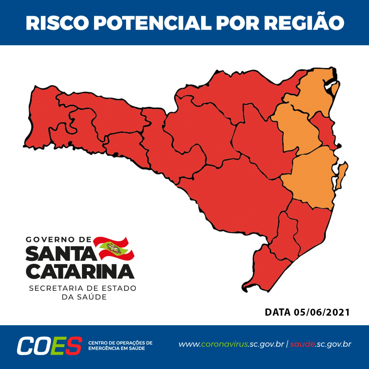 Matriz com mapa de Santa Catarina com todas regiões em vermelho com exceção de 3 que estão em laranja