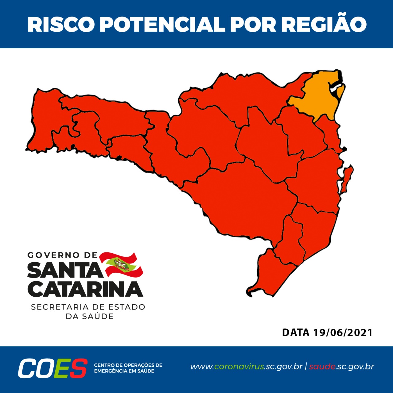 Matriz com mapa de Santa Catarina com todas regiões em vermelho com exceção de uma que esta em laranja