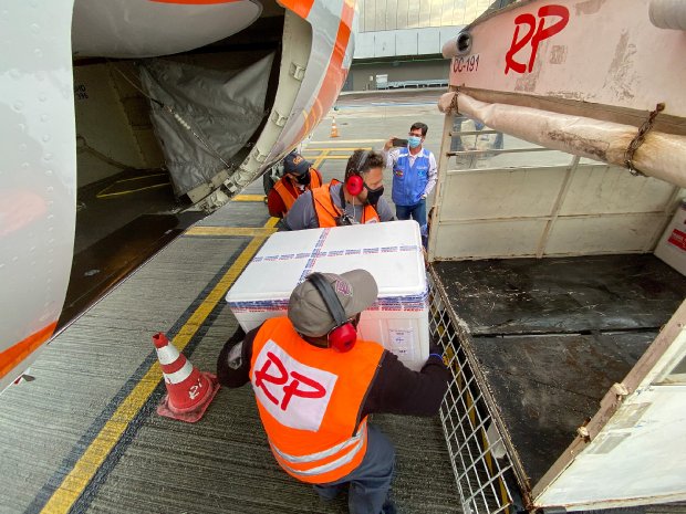 Dois homens com protetores de ouvido vermelhos, e coletes laranjas estão retirando uma caixa térmica de avião e colocando em caçamba