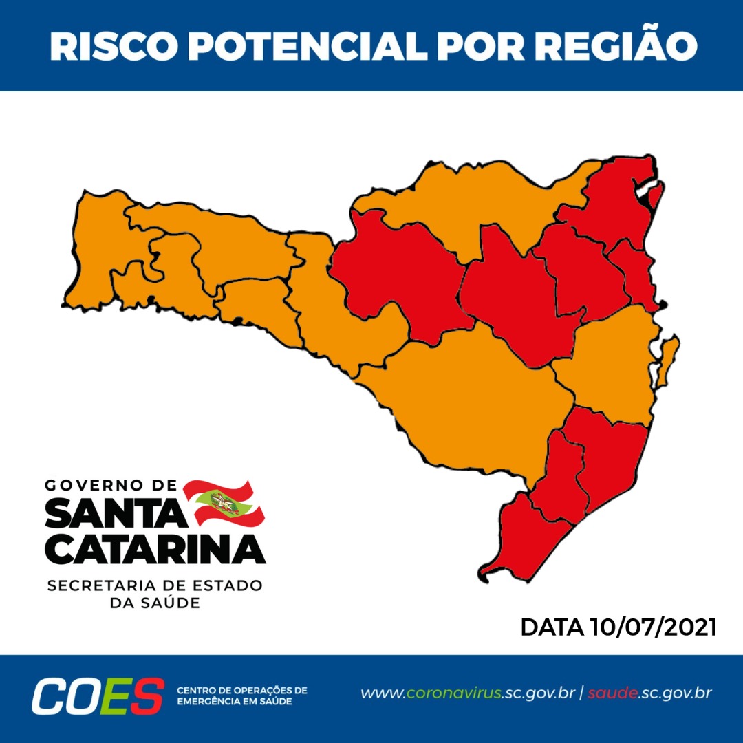 Matriz com mapa de Santa Catarina com 8 regiões em laranja  e 8 em vermelho