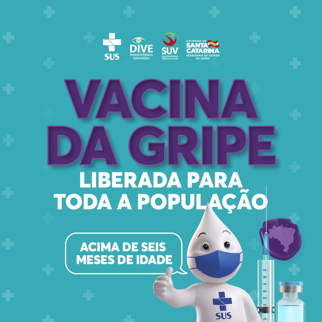 Banner anunciando 'vacina da gripe liberada para toda população' com Zé Gotinha ilustrando. O banner é predominantemente verde com fontes em roxo e branco.