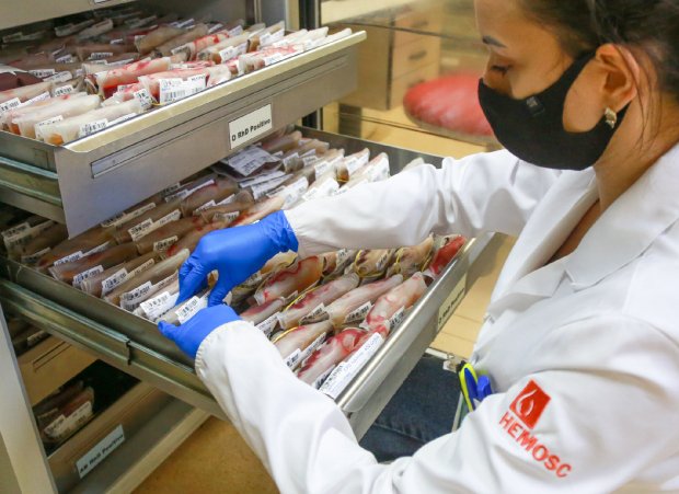 Enfermeira consultando gavetas com bolsas de sangue