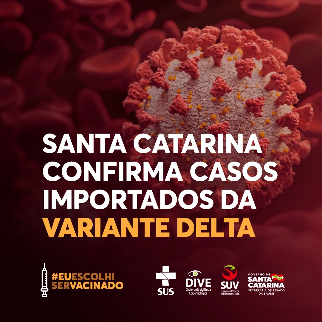 Banner com representação de vírus da COVID dentro de corrente sanguínea com texto: 'Santa Catariana confirma casos importados da variante delta'. 