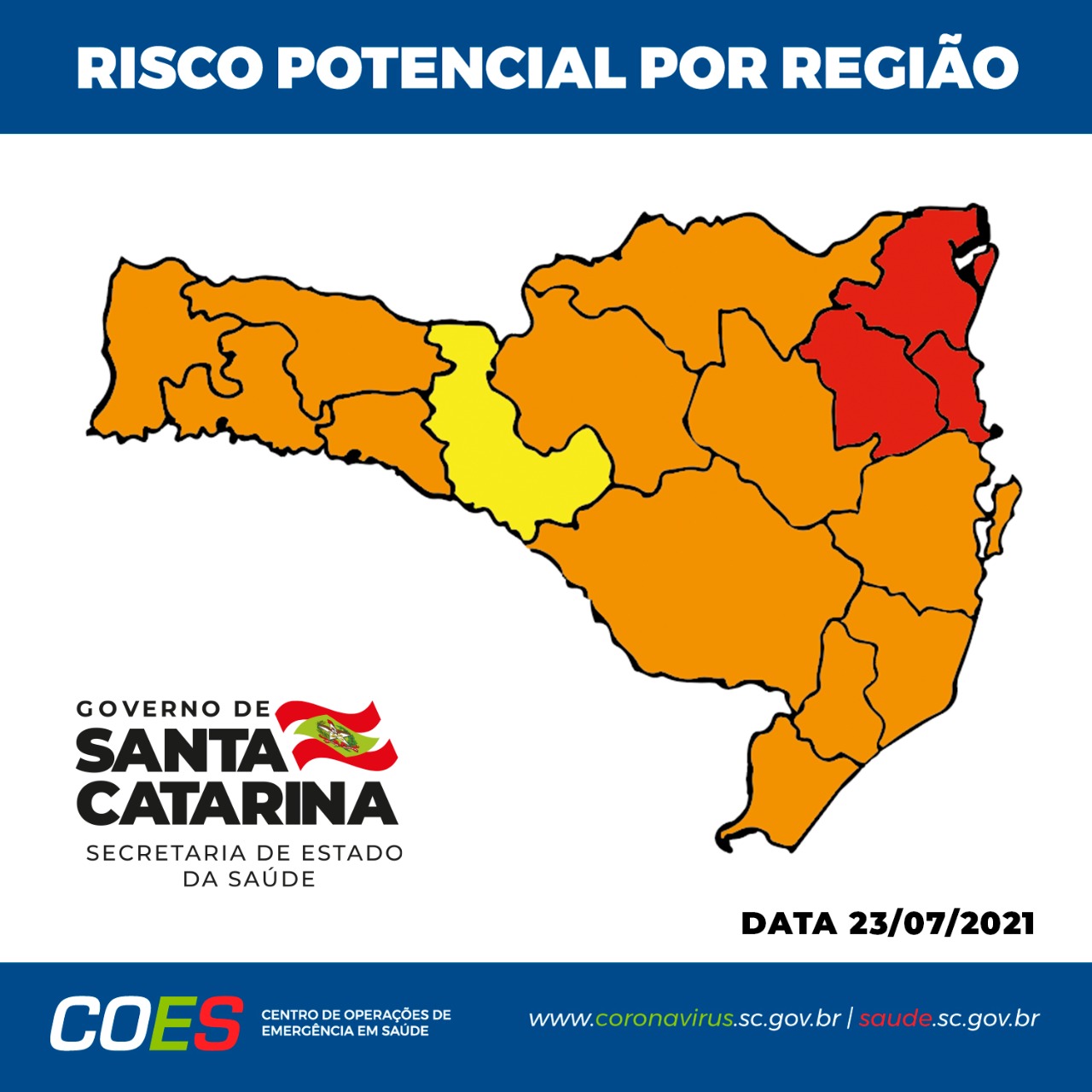 Matriz com mapa de Santa Catarina com regiões em laranja, amarelo e vermelho.