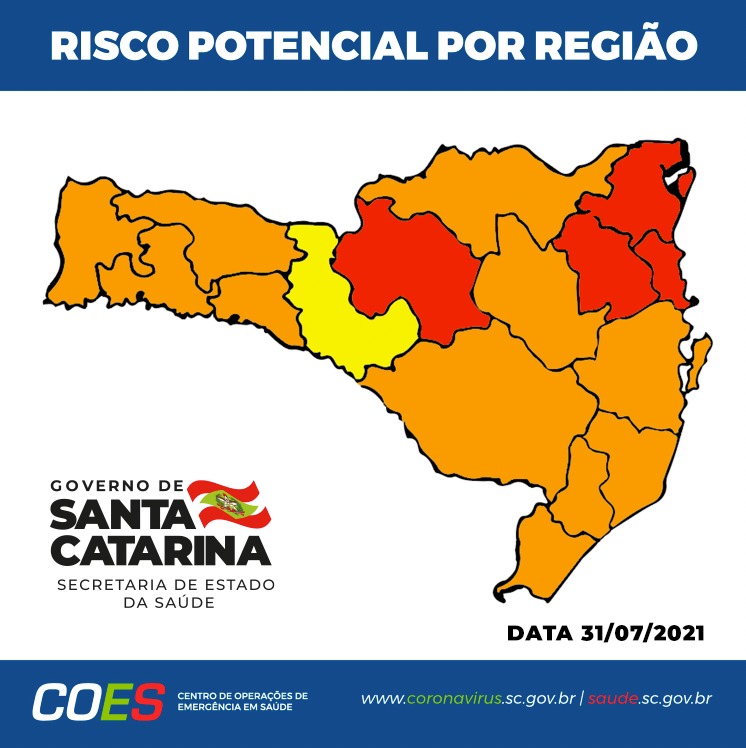 Matriz com mapa de Santa Catarina com regiões em vermelho, laranja e amarelo