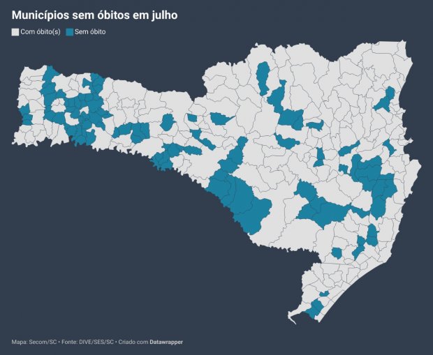Mapa de SC dividido em regiões com regiões em azul como as que não registraram óbito por covid e em branco as que registraram.