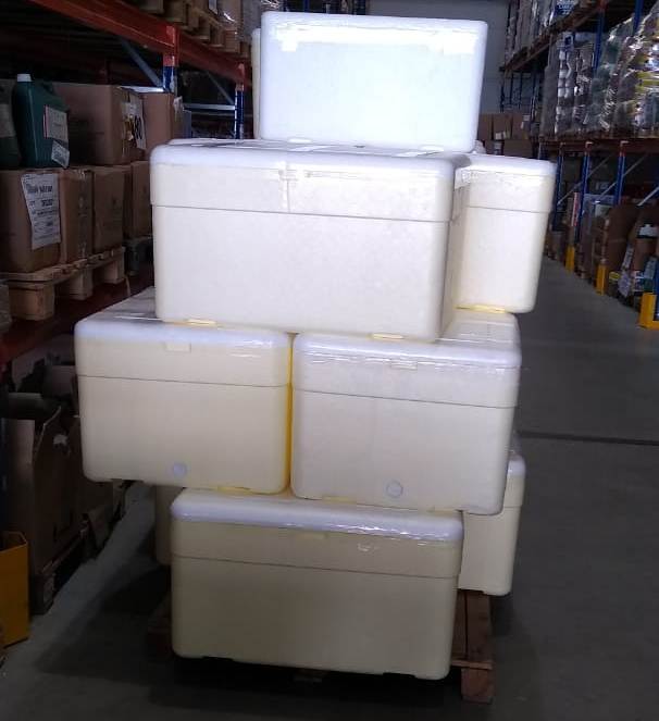 Caixas de isopor contendo medicamentos para intubação organizadas para distribuição pela Secretaria de Saúde de Santa Catarina às unidades hospitalares do estado.
