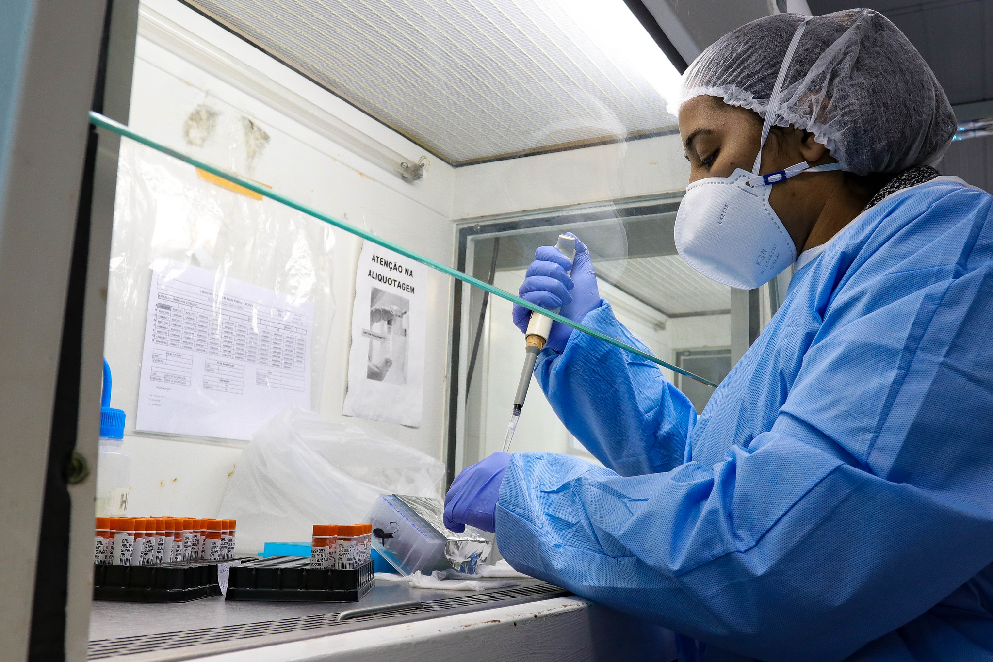 Profissional de laboratório, usando máscara, touca, jaleco e luvas, manuseia micropipeta em cabine de segurança biológica. Ao lado, tubos de ensaio com tampas laranja estão organizados em suportes. Na parede ao fundo, há avisos com instruções sobre aliquotagem.