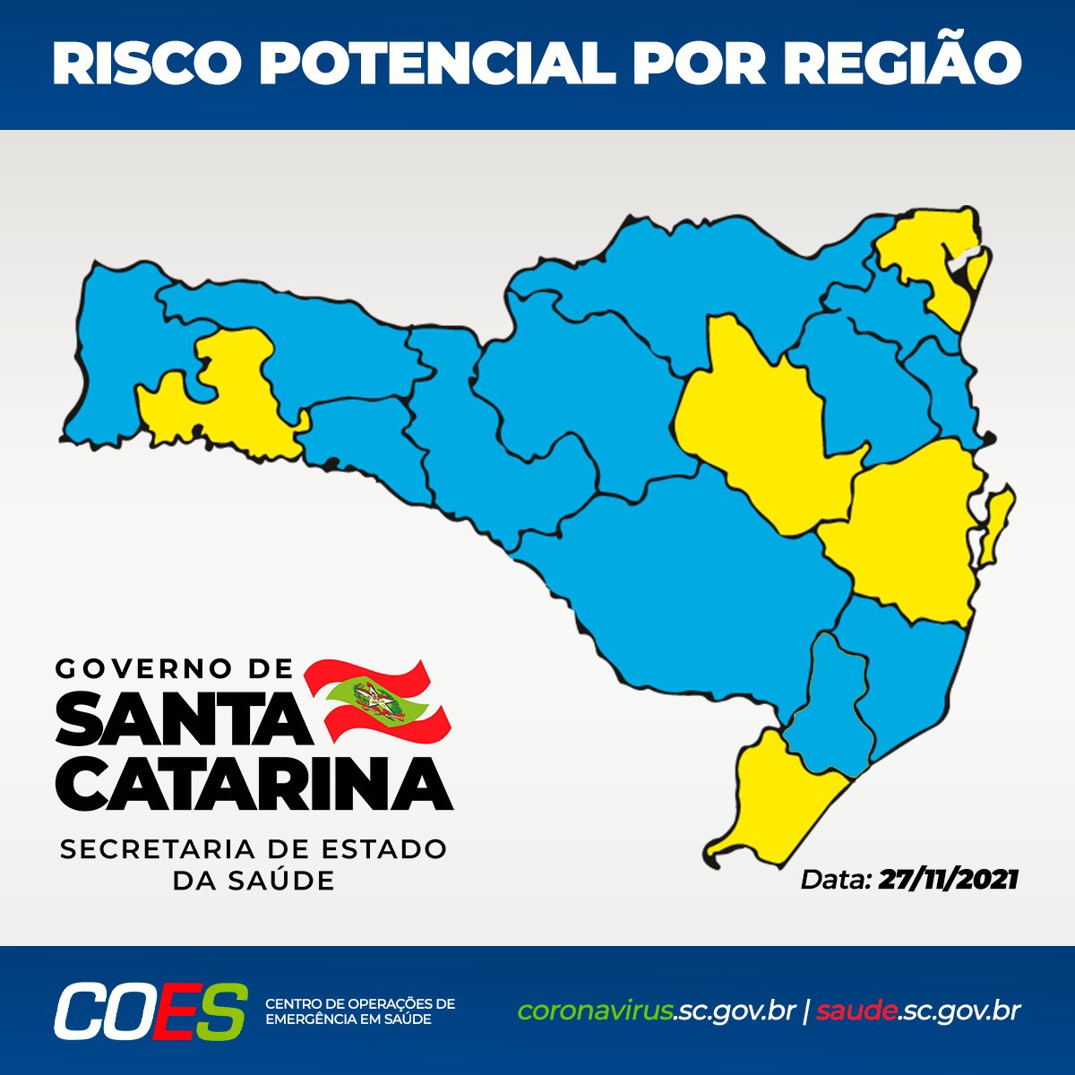 Matriz com mapa de Santa Catarina com regiões em amarelo e azul.