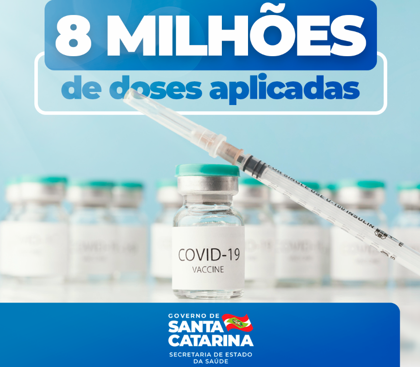 Banner com vários frascos e uma seringa, junto um texto: '8 milhões de doses aplicadas'