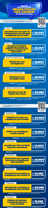 Banner informativo do Governo de Santa Catarina sobre o “Ciclo de Palestras sobre Reabilitação Pós-COVID19 no contexto da APS”.