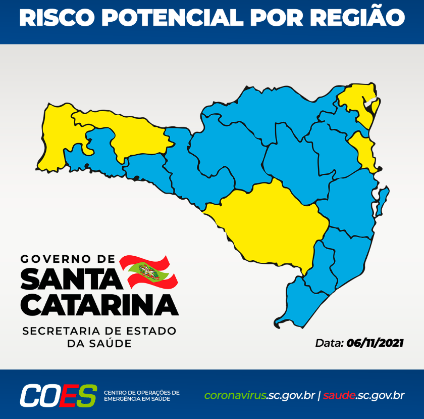 Matriz com mapa de Santa Catarina com regiões em amarelo e azul.