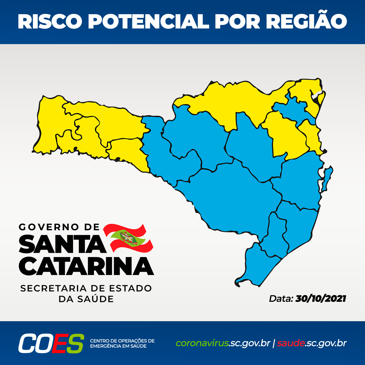 Matriz com mapa de Santa Catarina com regiões em amarelo e azul.