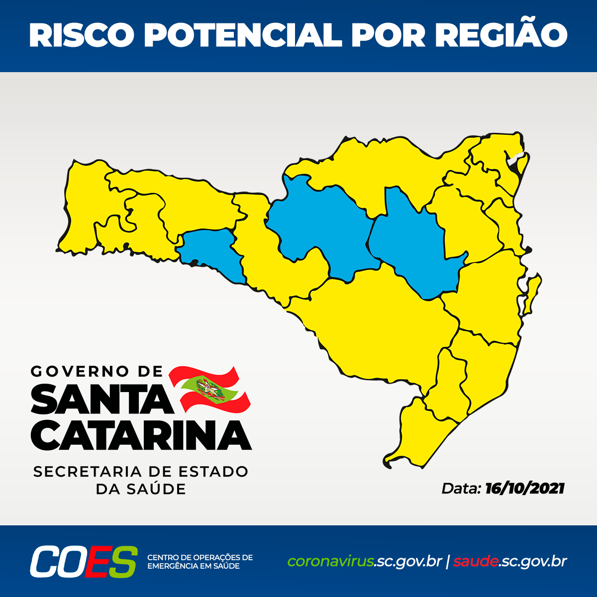Matriz com mapa de Santa Catarina com regiões em amarelo e azul.