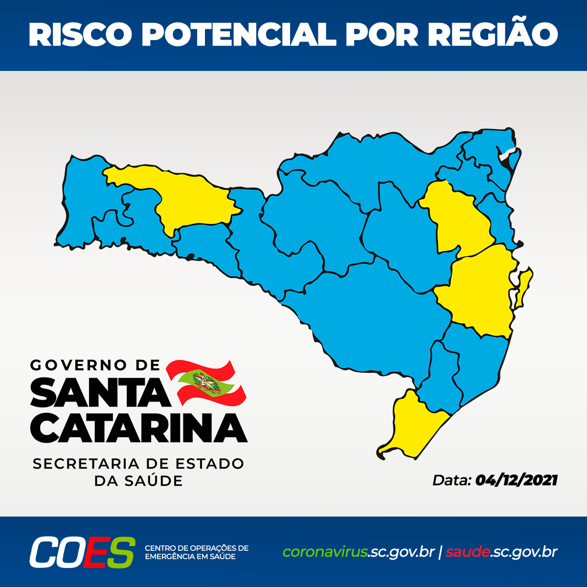 Matriz com mapa de Santa Catarina com regiões em amarelo e azul.