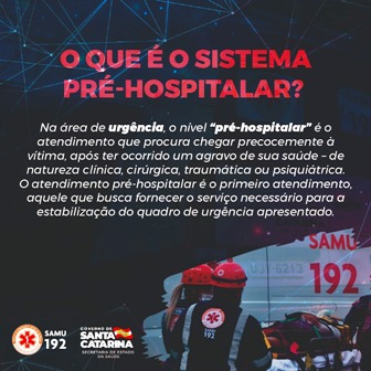 Banner com o título "O que é o sistema pré-hospitalar?", mostrando profissionais de saúde do SAMU transportando uma pessoa em maca para dentro de uma ambulância, ilustrando o atendimento de urgência fora do hospital.
