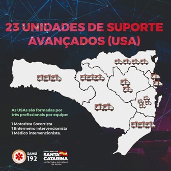 Infográfico apresetando a distribuição de 23 unidades de suporte avançados no mapa de Santa Catarina.