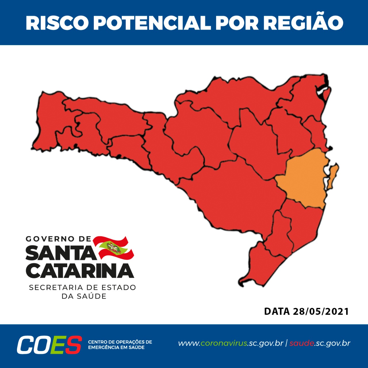 Matriz com mapa de Santa Catarina com todas regiões em vermelho com exceção de 1 que estão em laranja