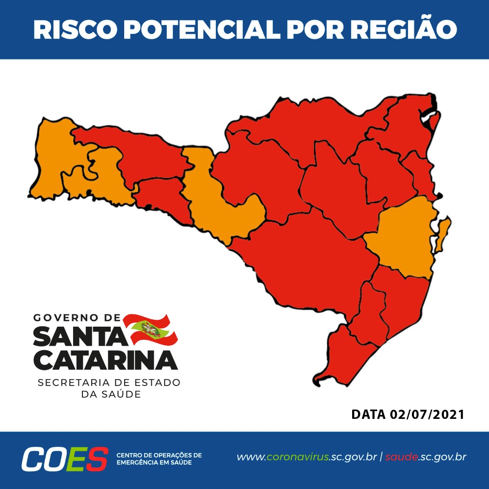 Matriz com mapa de Santa Catarina com todas regiões em vermelho com exceção de quatro que estão em laranja