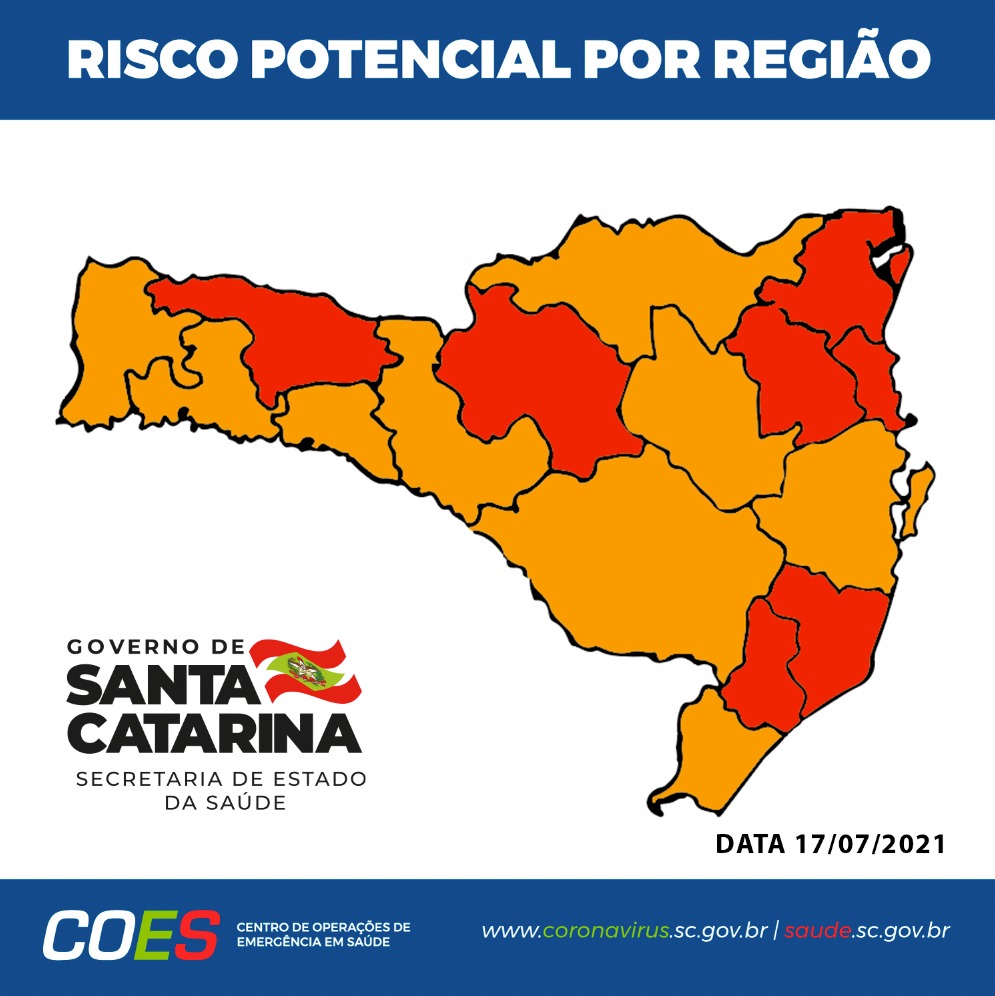 Matriz com mapa de Santa Catarina com 7 regiões em vermelho com e 9 que estão em laranja