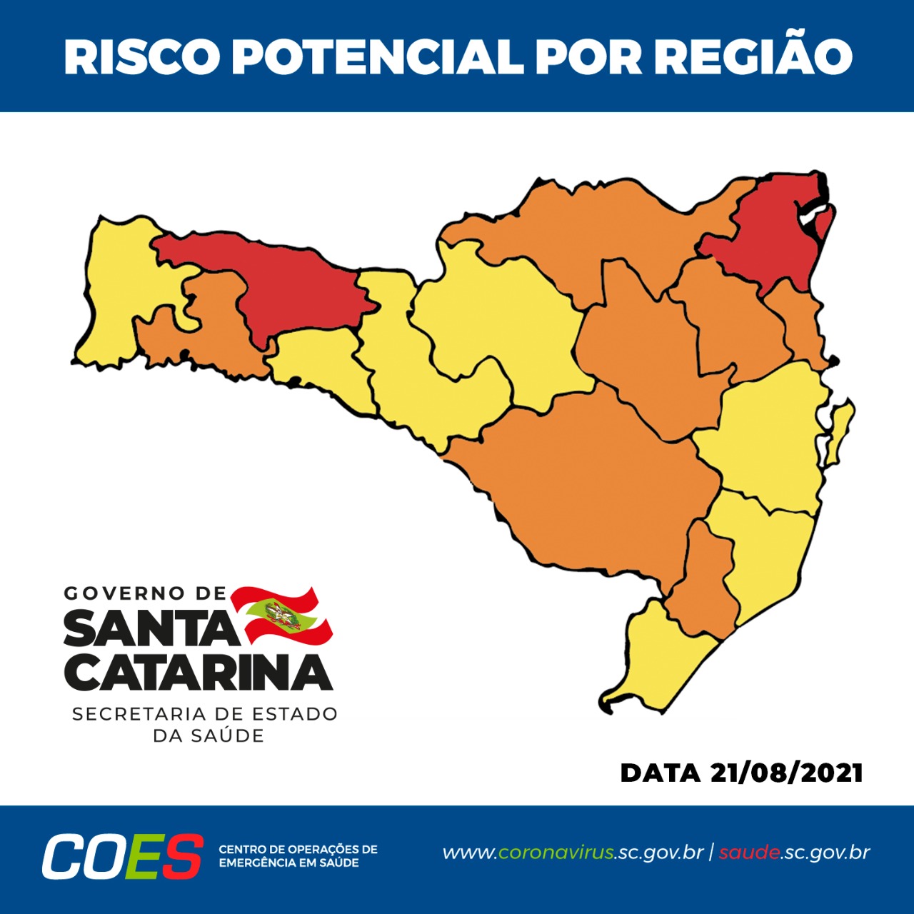 Matriz com mapa de Santa Catarina com regiões em laranja, amarelo e vermelho.