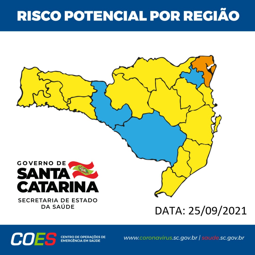 Matriz com mapa de Santa Catarina com regiões em laranja, amarelo e azul.