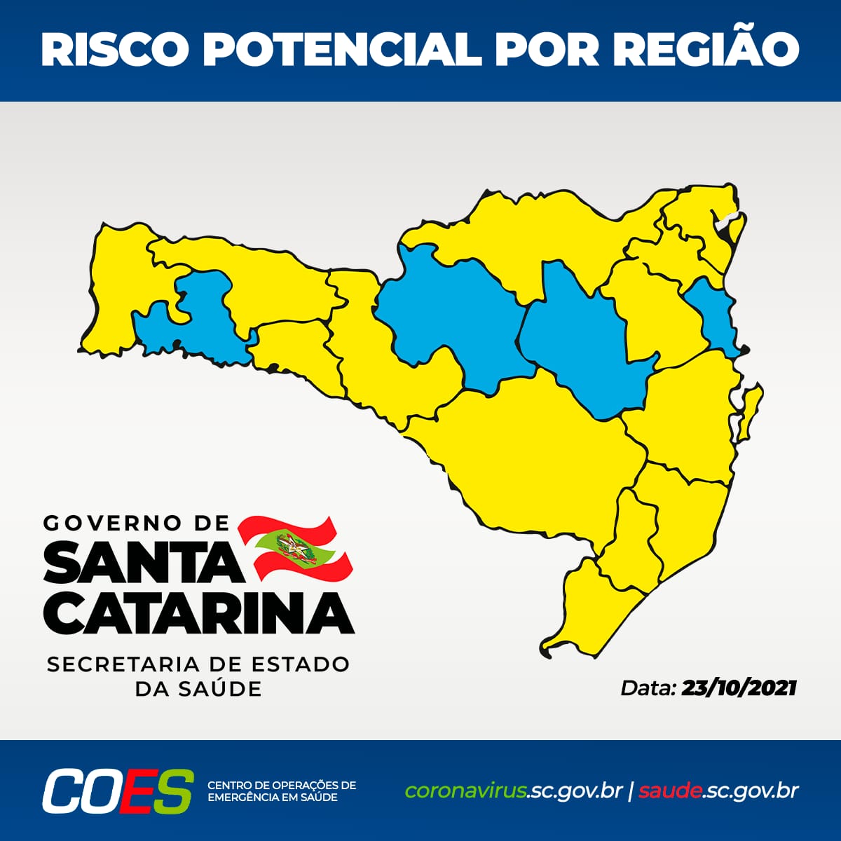 Matriz com mapa de Santa Catarina com regiões em amarelo e azul.
