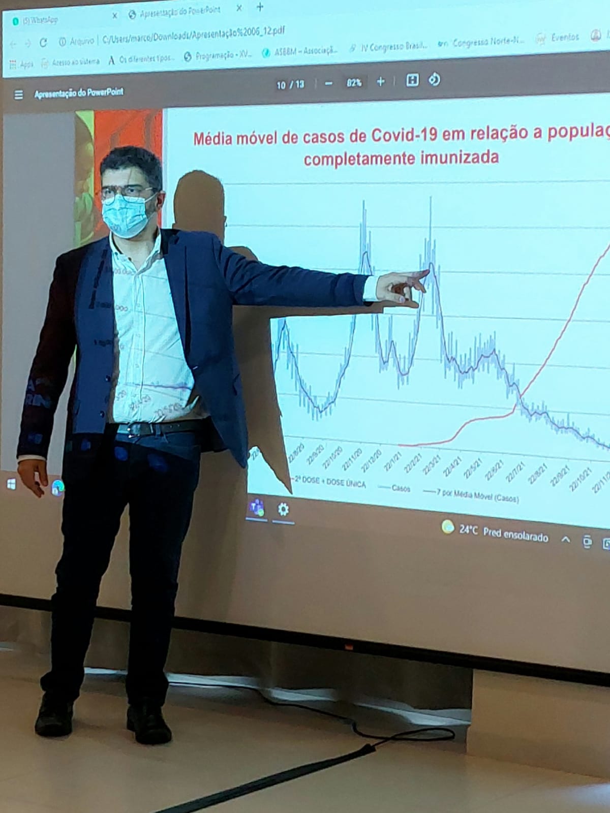 Homem de terno escuro e máscara cirúrgica aponta para um gráfico projetado na parede. O gráfico exibe a média móvel de casos de Covid-19 em relação à população completamente imunizada, com curvas azuis representando os casos ao longo do tempo e uma linha vermelha crescente indicando o avanço da vacinação. A apresentação está sendo exibida em um arquivo PDF no computador, visível no canto superior da projeção.