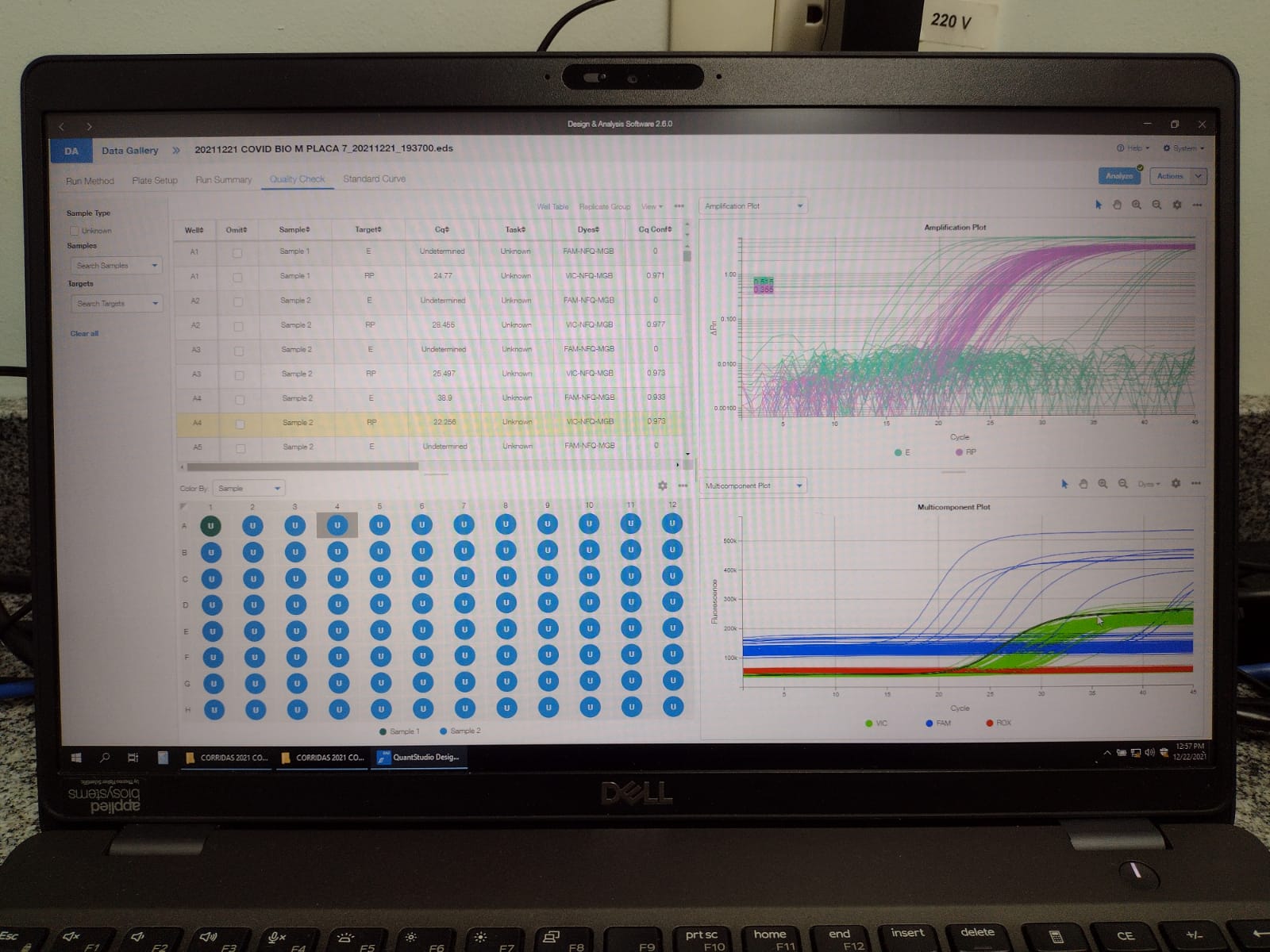 Tela de notebook exibindo análise de PCR em tempo real com gráficos de amplificação e dados de amostras, em um ambiente de laboratório.